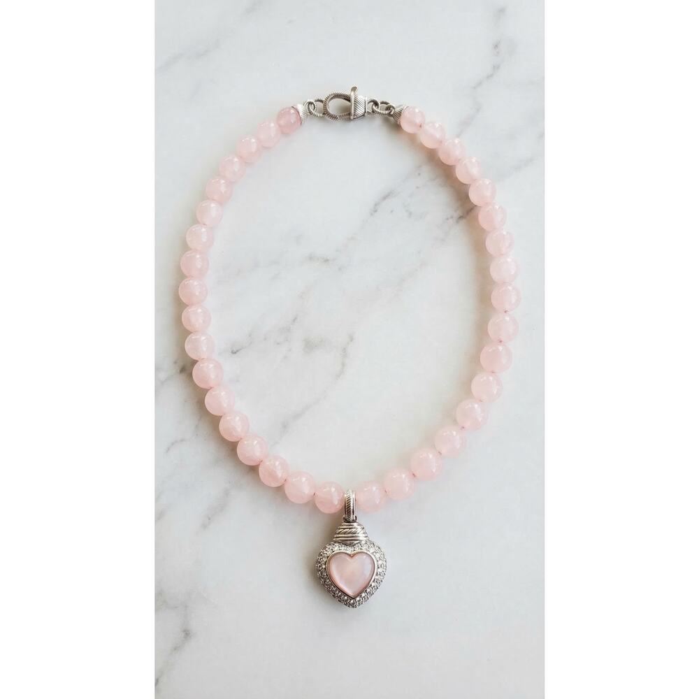 Judith Ripka Sterling Silver Rose Quartz Heart Pendant Charm Beaded Necklace
